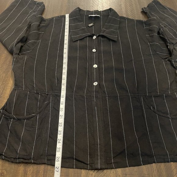 Cottage Clothing Black Stripe 100% Linen Popken Hem Button Up Shirt Size XL - Picture 4 of 10